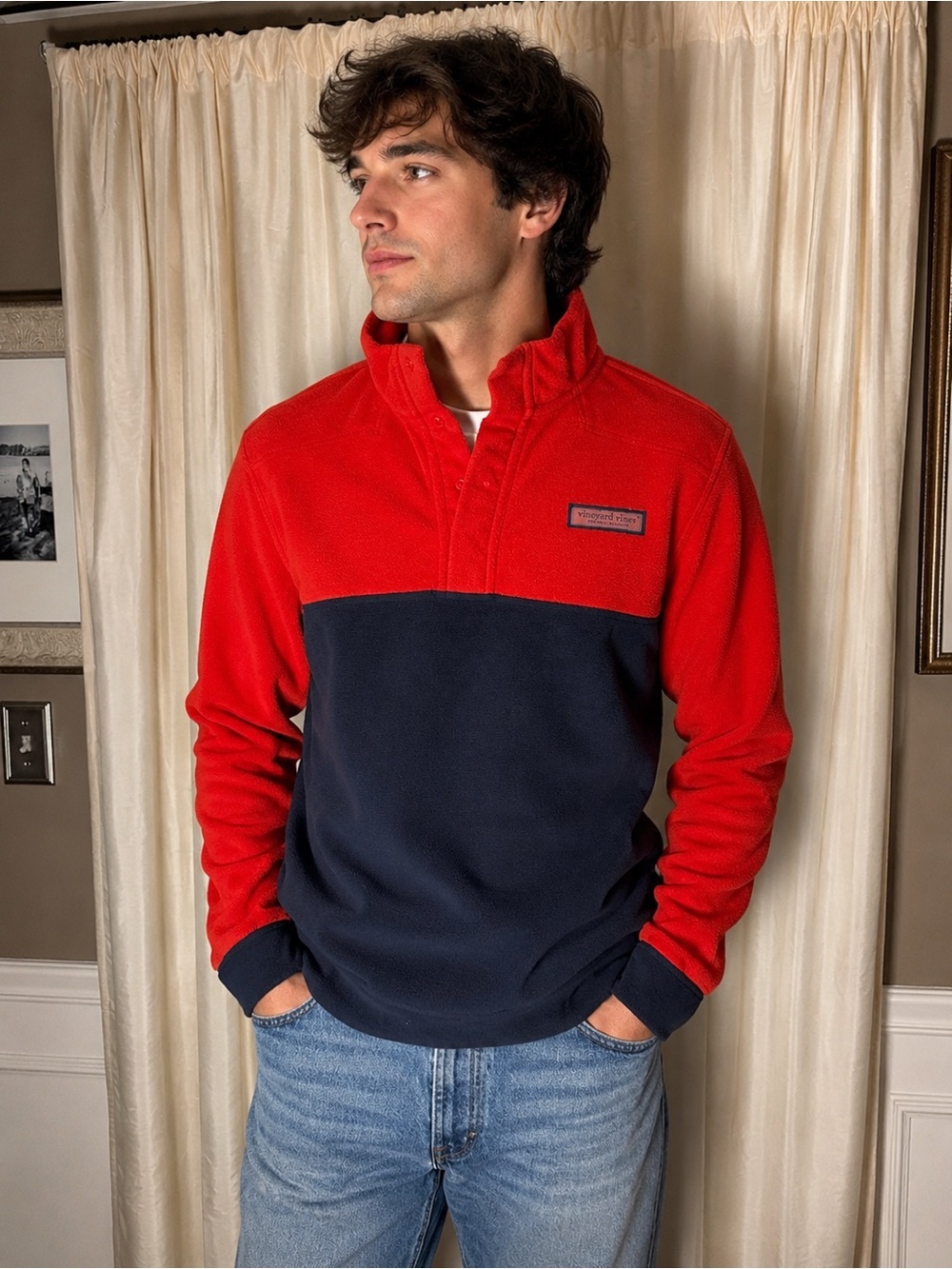Vineyard Vines Red and Navy Colorblock Fleece Shep Quarter-Snap Pullover